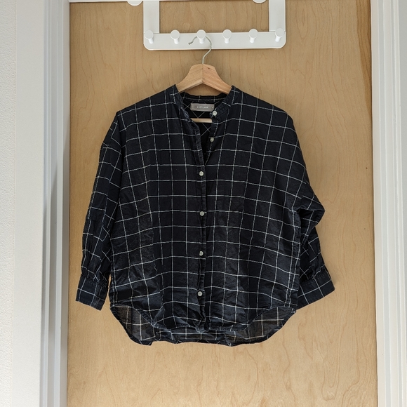 Everlane Windowpane 3/4 Sleeve Collarless Button Down - Picture 1 of 4